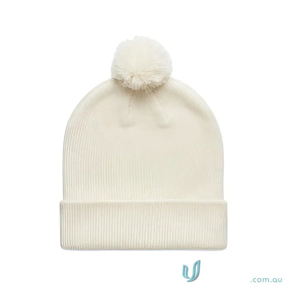 Off-white recycled acrylic pom pom beanie with matching pom pom for winter warmth