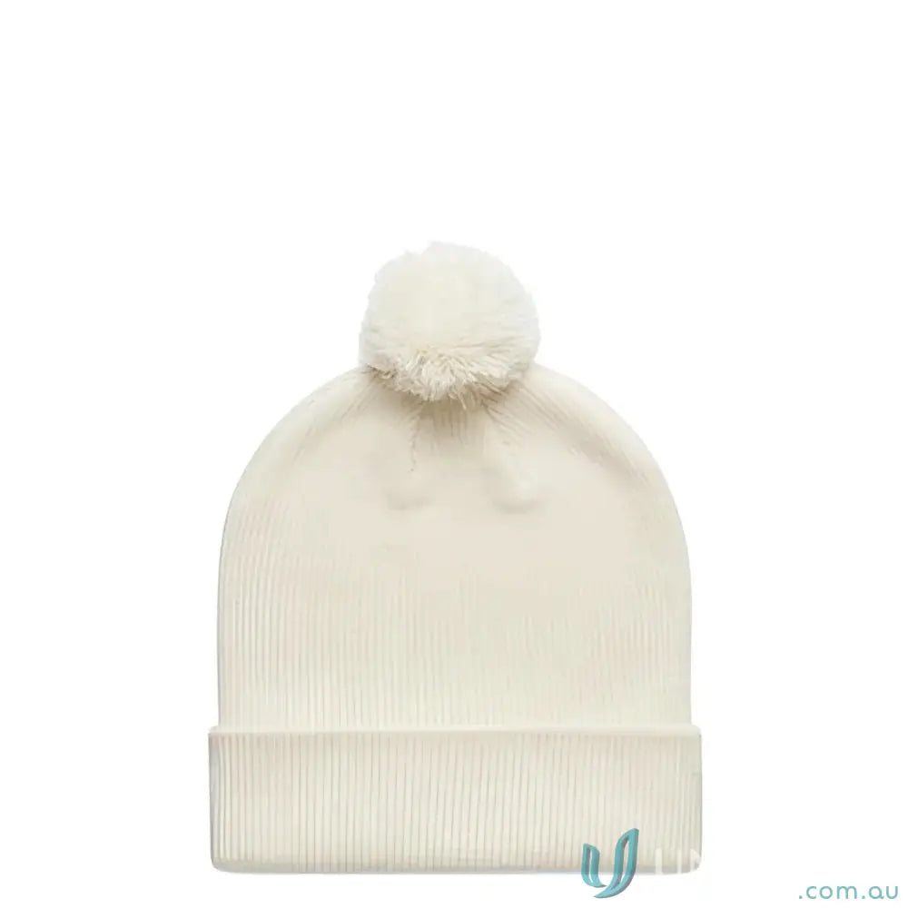 Off-white recycled acrylic pom pom beanie with a fluffy pom pom on top for winter warmth