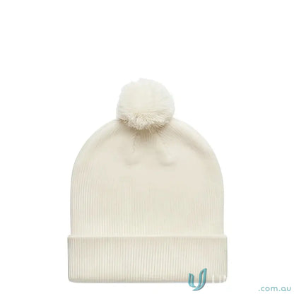 Off-white recycled acrylic pom pom beanie with a fluffy pom pom on top for winter warmth