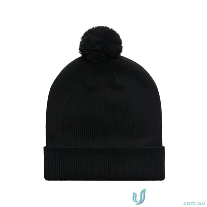Black knit pom pom beanie made from recycled acrylic with a folded brim