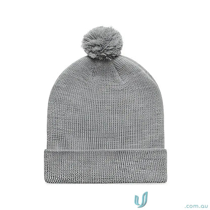 Gray knit beanie with pom pom made from recycled acrylic for cozy winter style