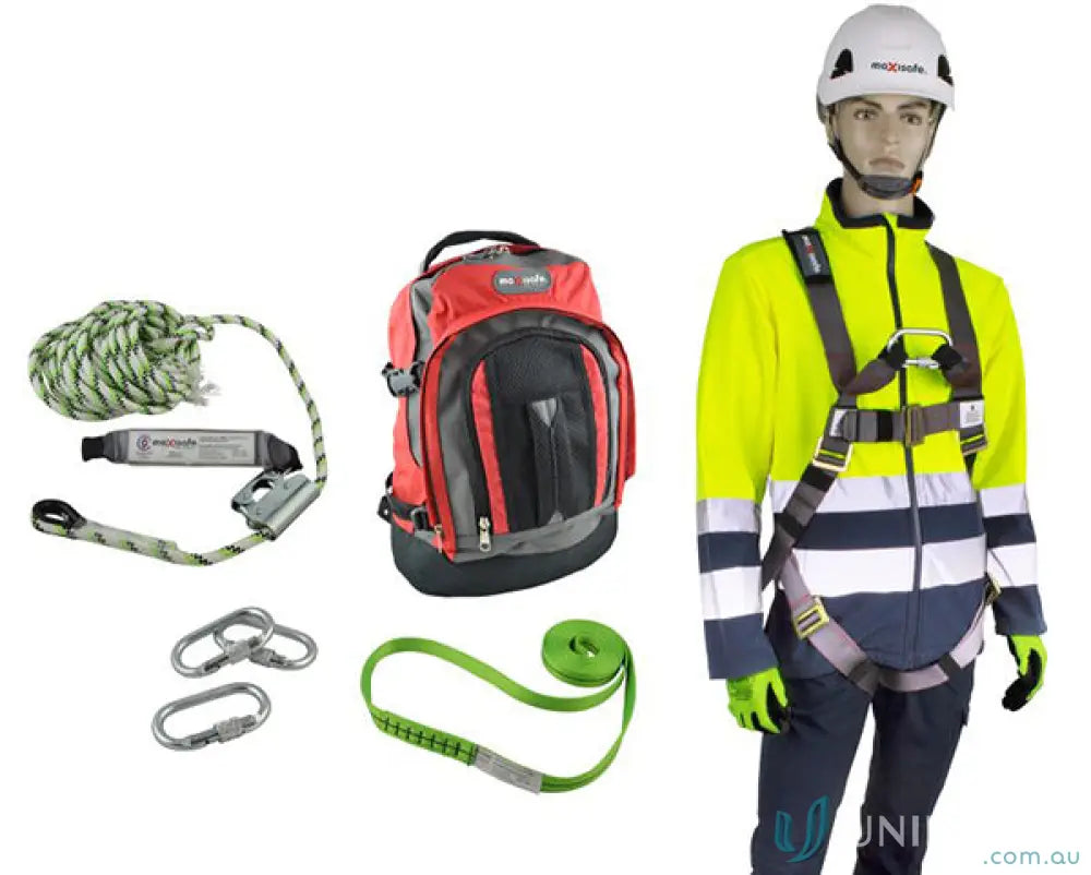 Safety equipment set with premium roofers kit including full body harness and twist lock karabiners