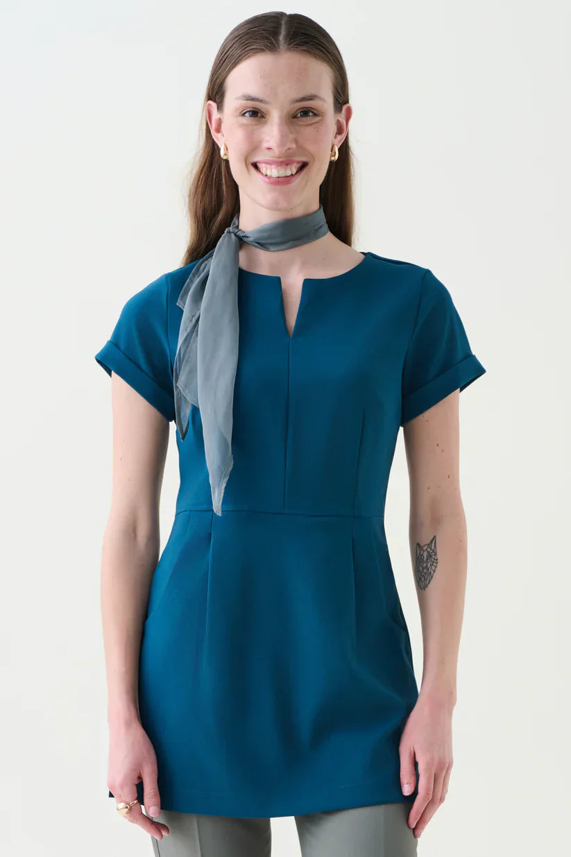 Teal eco tunic Pretty Waist with v-neck, scarf, 2life fabric
