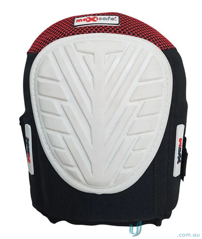 Black and red knee pad with white protector for workwear and cap prevents injuries