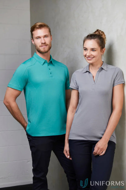 Two people wearing stylish jersey knit stay cool Profile Polo shirts from the Biz Collection Profile