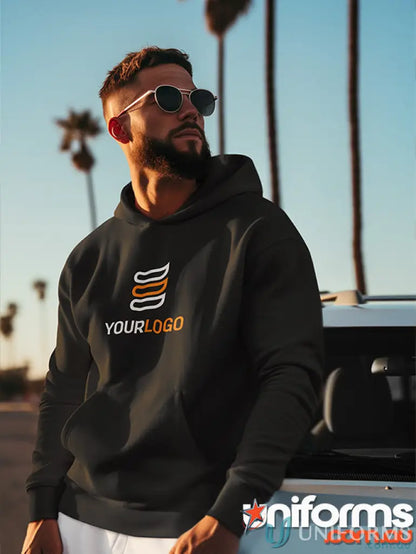 Black hoodie with logo, affordable price includes workwear or uniforms details