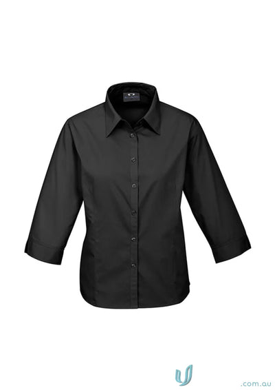Black three-quarter sleeve button-down shirt with modern fit for workwear or uniforms