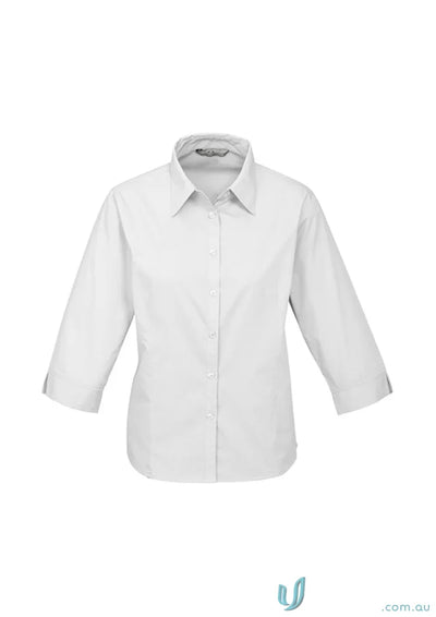 White three-quarter sleeve button-down shirt with modern fit for uniforms or workwear