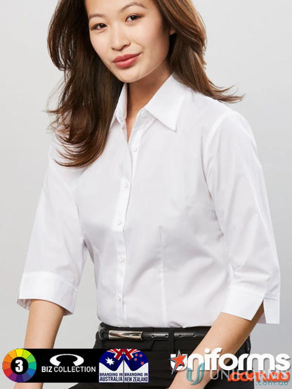 White three-quarter sleeve button-down shirt with modern fit for uniforms and workwear