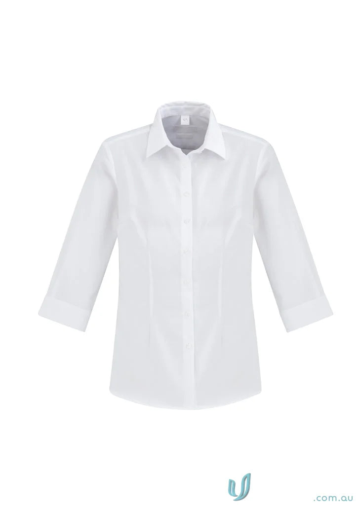 White three-quarter sleeve button-down shirt in premium cotton for work uniforms or everyday wear