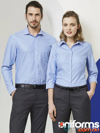 Two guys in light blue Pronto work uniforms with chest pockets and premium cotton