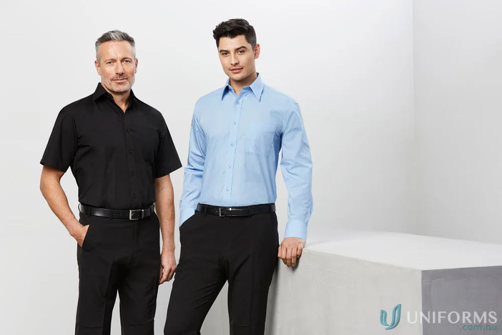 Two men in dress shirts and pants wearing Pronto EMB Mens LS Shirt for classic fit workwear