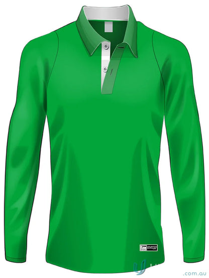 Green long-sleeved Polo shirt made from sublimated sports fabric in PS100L Custom LS Polo