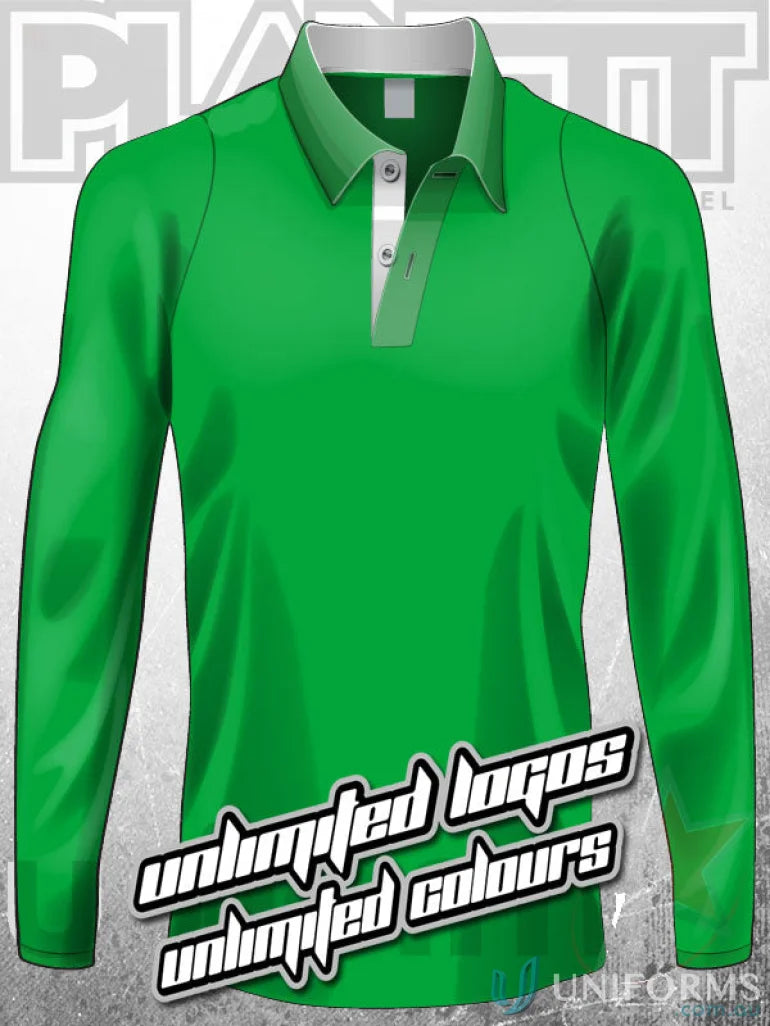 Green long-sleeved polo shirt from PS100L Custom LS Polo made with sublimated sports fabric