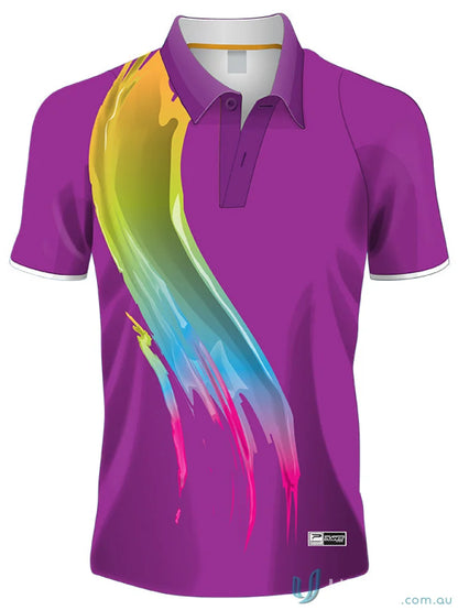 Purple custom made sublimated polo shirt with colorful paint streaks, perfect for sports fabric free set