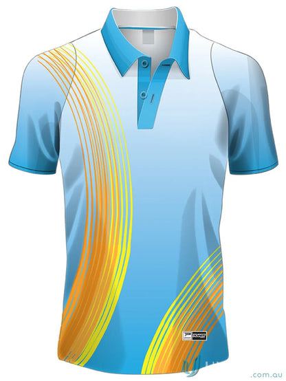 Blue and white polo with orange yellow stripes on PS110 Custom Polo made sublimated fabrics