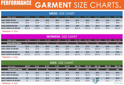 Garment size charts for men women and kids on PS110 Custom Polo made with sublimated fabrics