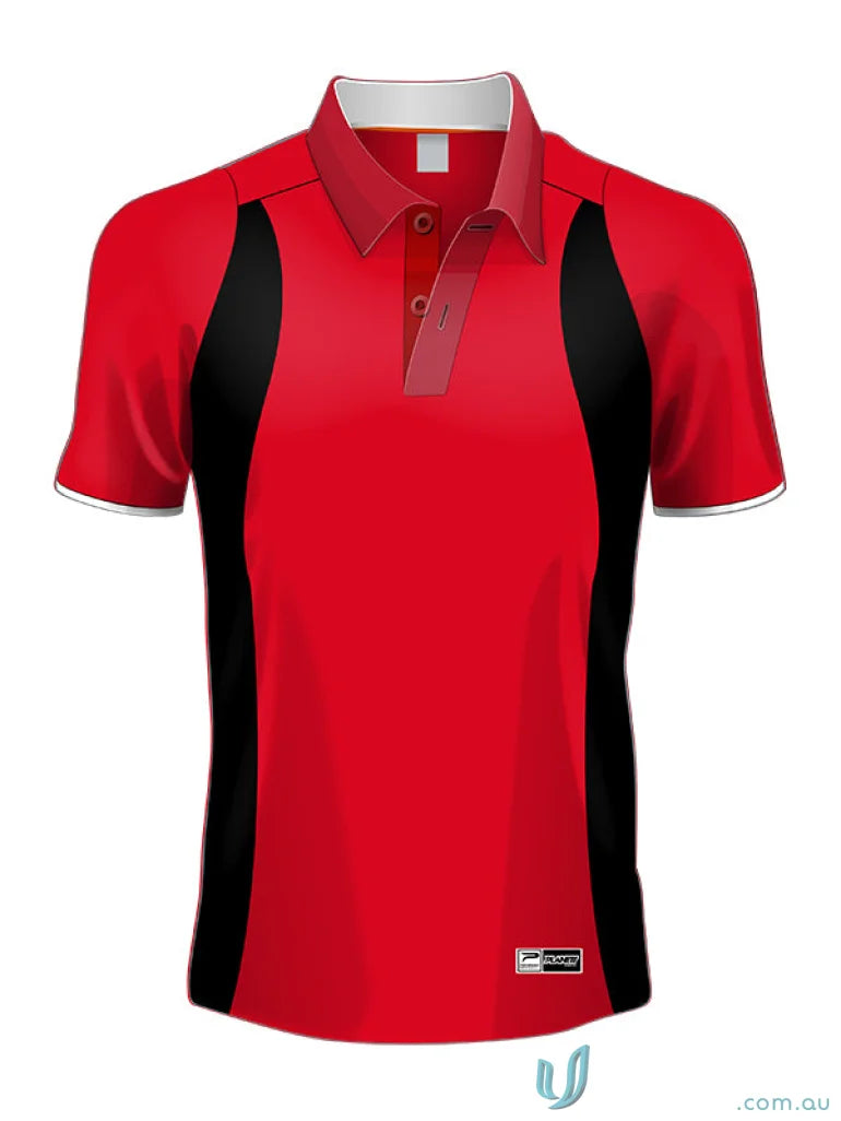 Red and black polo shirt from PS111 Custom Polo made with sublimated sports fabric