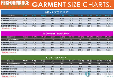 Garment size charts for men women and kids on PS112 Custom Polo sublimated garments