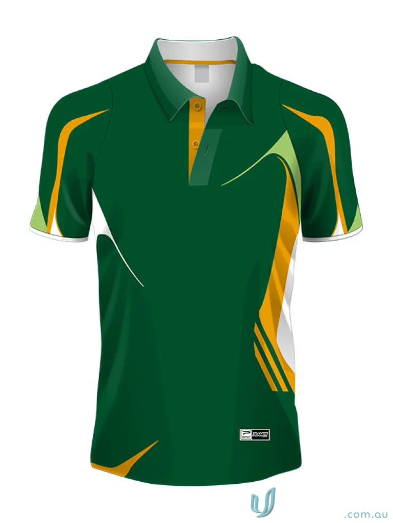Green and gold custom made sublimated polo shirt in sports fabric from PS112 Custom Polo