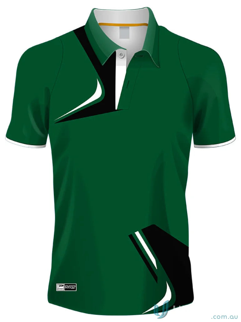 Green polo shirt with black and white accents from PS114 Custom Polo, perfect for sublimated sports fabric