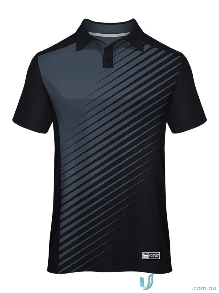 Black and gray patterned polo shirt from PS116 Custom Polo, made with sublimated garments brings sports fabric