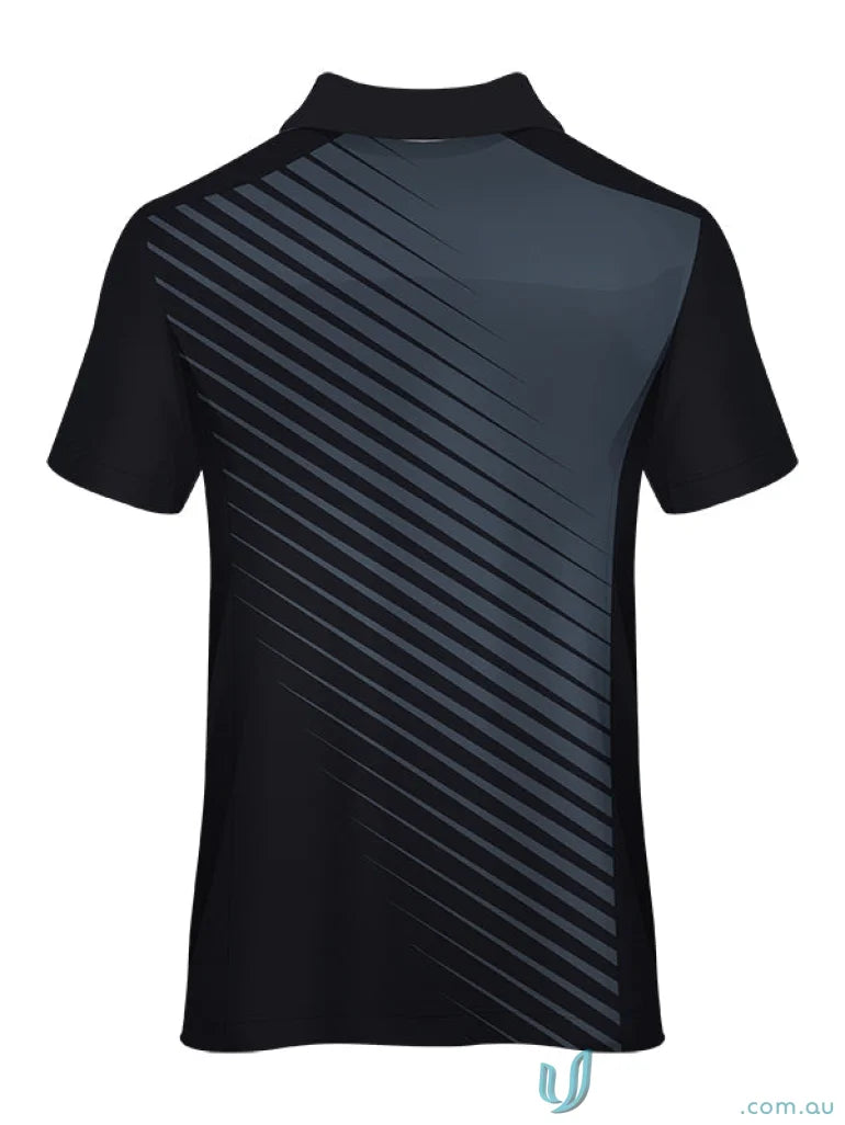 Black and gray striped polo shirt from PS116 Custom Polo made with sublimated sports fabric