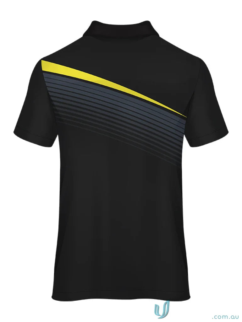 Black PS117 Custom Polo with yellow gray stripe design for uniforms and unlimited logos
