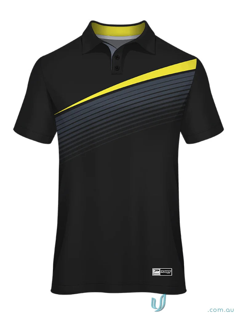 Black PS117 Custom Polo with yellow gray stripes for uniforms featuring unlimited logos