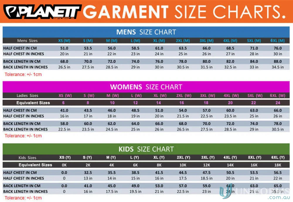 Garment size charts for men women kids on PS117 Custom Polo with unlimited logos