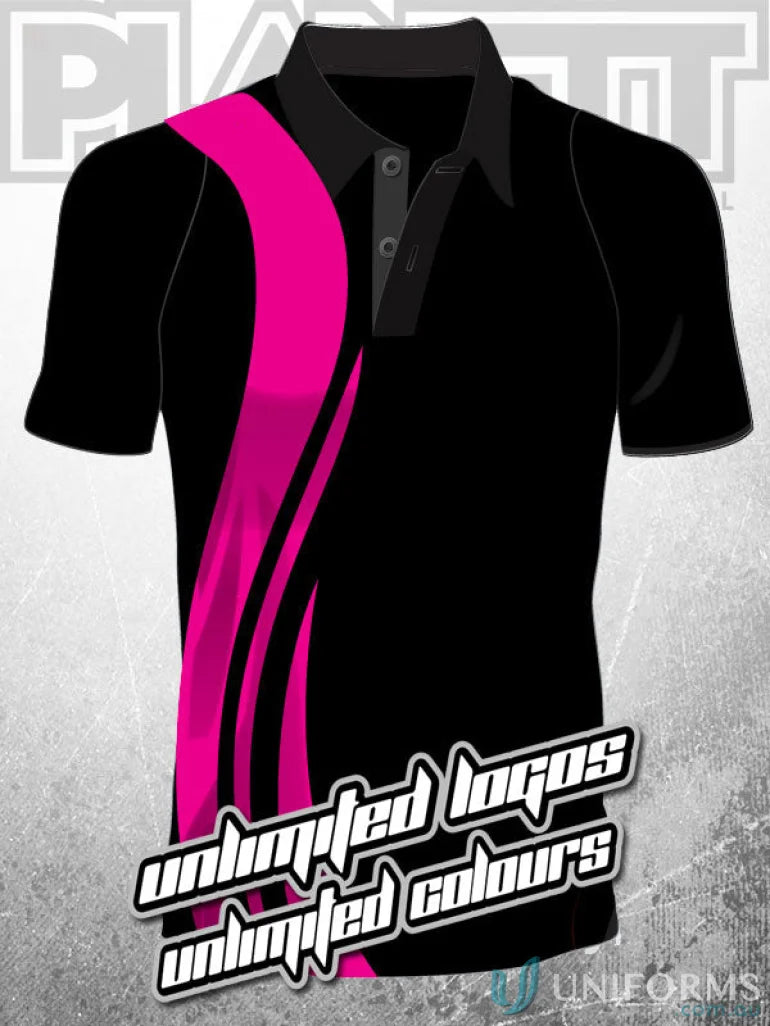 Black polo shirt with pink stripe from PS120 Custom Polo, perfect for custom tailored sublimation