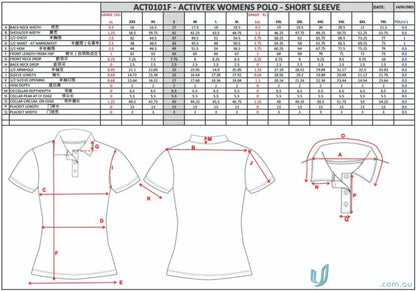 Clothing size chart for PS120 Custom Polo featuring custom tailored sublimation and sports fabric design