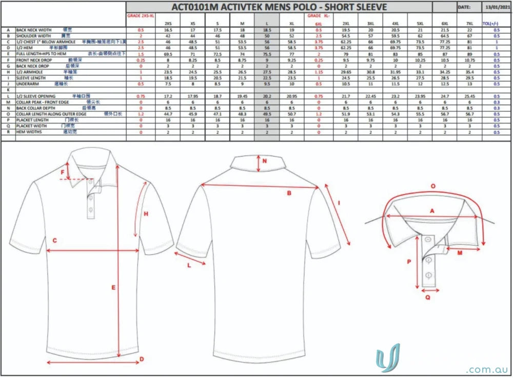 Polo shirt size chart for PS120 Custom Polo showcasing custom tailored sublimation design