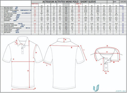 Polo shirt size chart for PS120 Custom Polo showcasing custom tailored sublimation design
