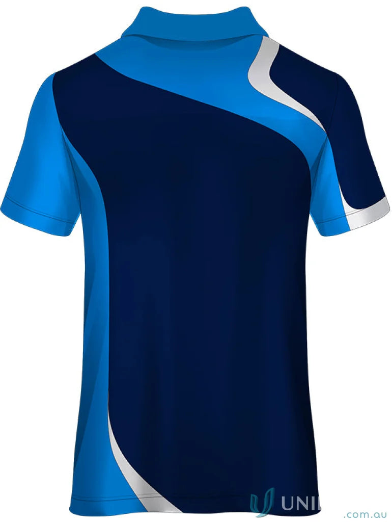 Blue and navy polo shirt from PS132 Custom Polo made with sublimated sports fabric