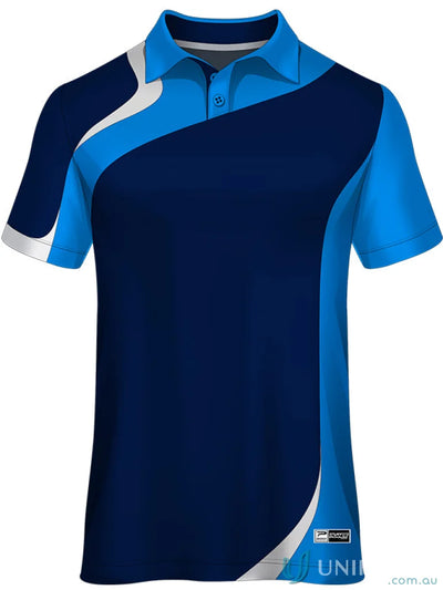 Two-tone blue PS132 Custom Polo shirt made with sublimated garments and sports fabric