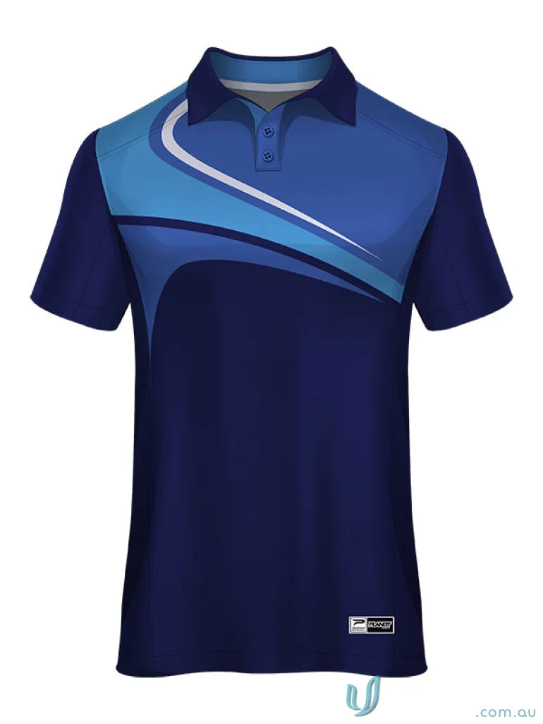 Blue and navy polo shirt from PS133 Custom Polo made with sublimated sports fabric