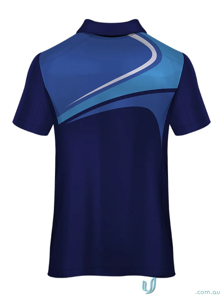 Blue polo shirt with curved design from PS133 Custom Polo, made with sublimated sports fabric