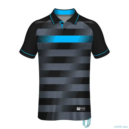 Black and gray striped dyesub polo shirt with blue accents from PS140 Custom Dyesub