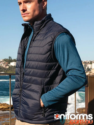 Navy blue quilted puffer vest perfect for workwear and uniforms