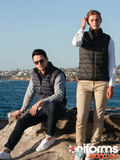 Two people showing off puffer vests, perfect for uniforms or workwear style