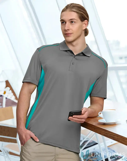 Men’s grey and teal Pursuit Polo shirt with breathable mesh for a winning spirit vibe