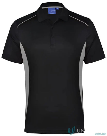 Black and gray short-sleeved Pursuit Polo made with breathable mesh for a winning spirit vibe