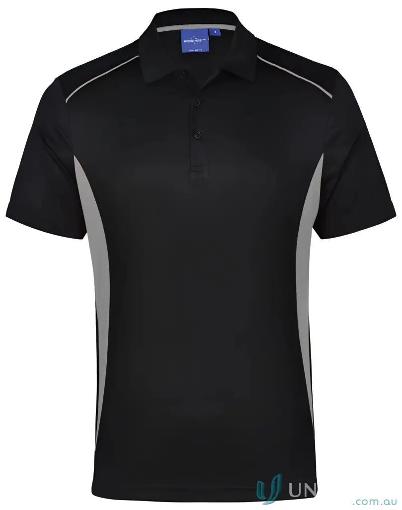 Black and gray short-sleeved Pursuit Polo made with breathable mesh for a winning spirit vibe