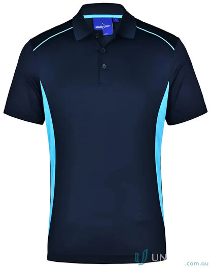 Navy blue ps79 Pursuit Winning Spirit Polo with light blue accents in breathable mesh