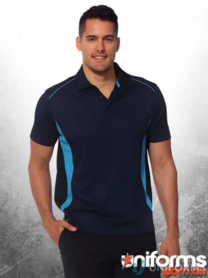 Navy and turquoise Winning Spirit Pursuit Polo with breathable mesh for comfort