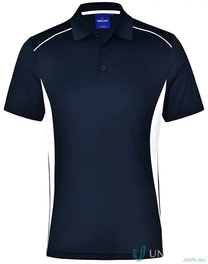 Navy and white short-sleeved Winning Spirit Pursuit Polo in breathable mesh fabric