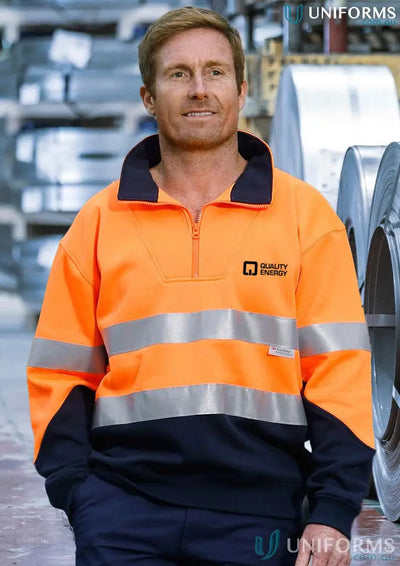 Orange and navy hi-vis long sleeve QE EMB+PR HiViz Fleecy Jumper with reflective stripes