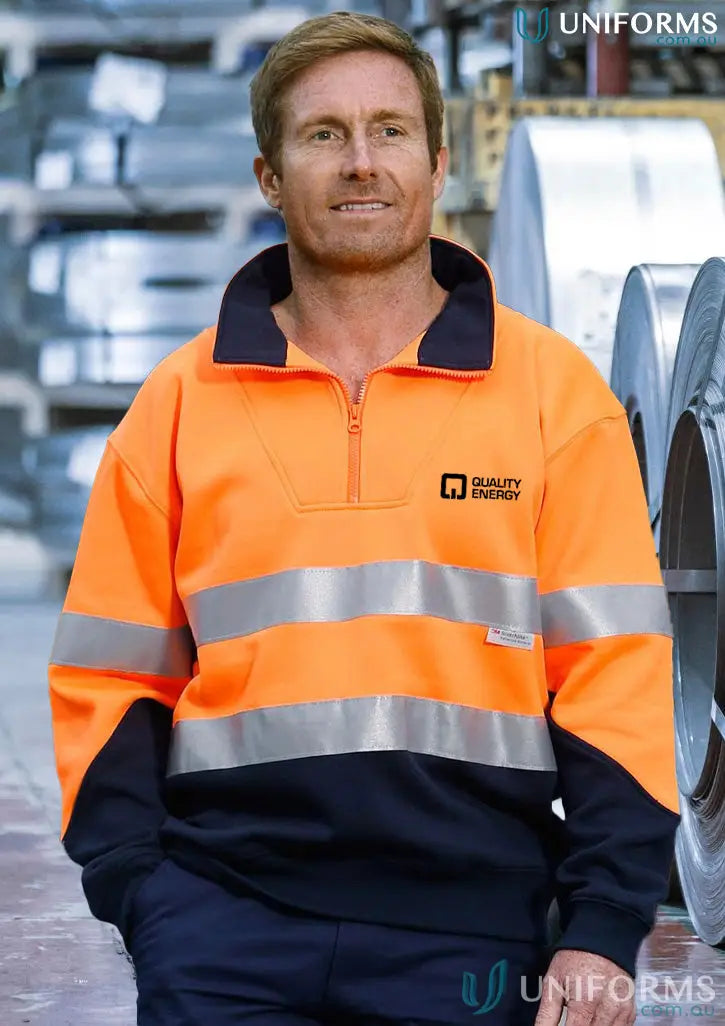 Orange and navy hi-vis long sleeve QE EMB+PR HiViz Fleecy Jumper with reflective stripes