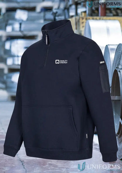 Dark blue fleece work hoodie with front pouch and sleeve pocket, classic fit fleece sweatshirt